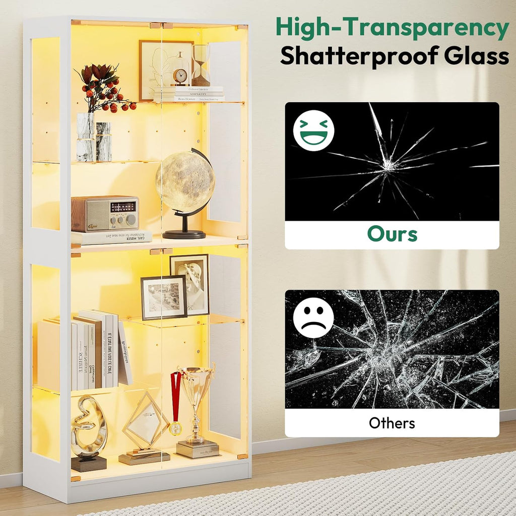 Lamtor 69-inch Glass Display Cabinet – Curio Cabinet with RGB LED Lights, Adjustable Shelves & Anti-Tip Design for Collectibles, Figures, Living Room | White