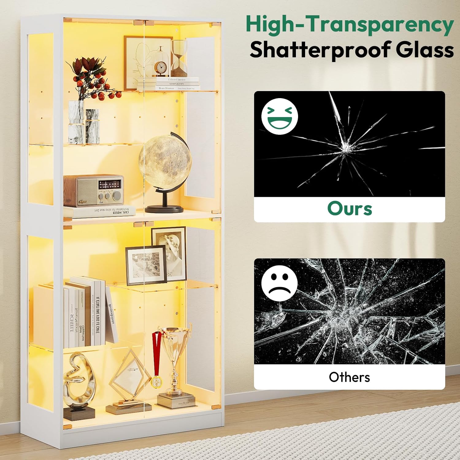 Lamtor 69-inch Glass Display Cabinet – Curio Cabinet with RGB LED Lights, Adjustable Shelves & Anti-Tip Design for Collectibles, Figures, Living Room | White