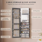 Vlsrka 47.2" LED Grey Jewelry Mirror Cabinet, Wall/Door Mounted Jewelry Armoire Organizer with Full-Length Mirror, Large Capacity Storage Hanging Cabinet, 4 Drawers, 5 Shelves, Built-in Lighted Mirror