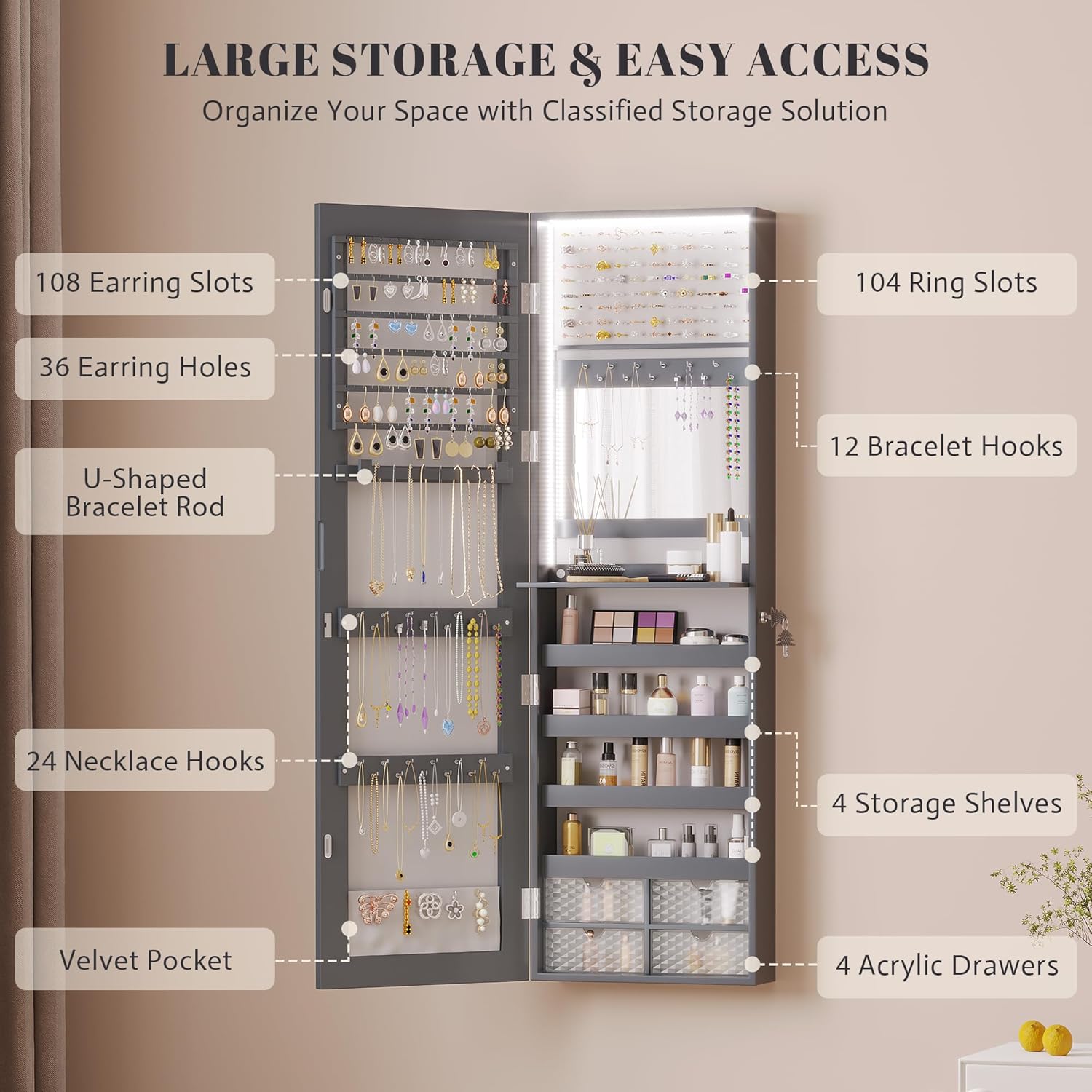 Vlsrka 47.2" LED Grey Jewelry Mirror Cabinet, Wall/Door Mounted Jewelry Armoire Organizer with Full-Length Mirror, Large Capacity Storage Hanging Cabinet, 4 Drawers, 5 Shelves, Built-in Lighted Mirror