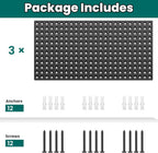 EVERHANGER Metal Pegboard Panels 24" x 12", Heavy Duty Steel Peg Boards for Garage, Pegboard Wall Organizer for Tool Storage and Organization, Black, 3 Pack