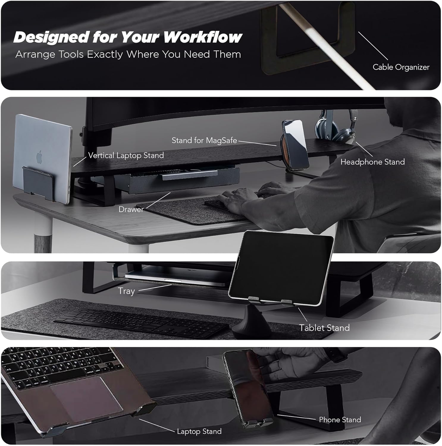 Moodular Wooden Monitor Stand 45.6” (116cm) Large Desk Organizer with Metal Slide Rails for Drawer, Tray, Laptop, Tablet, Phone & Headphones Customizable Riser for Organized Workspace Walnut
