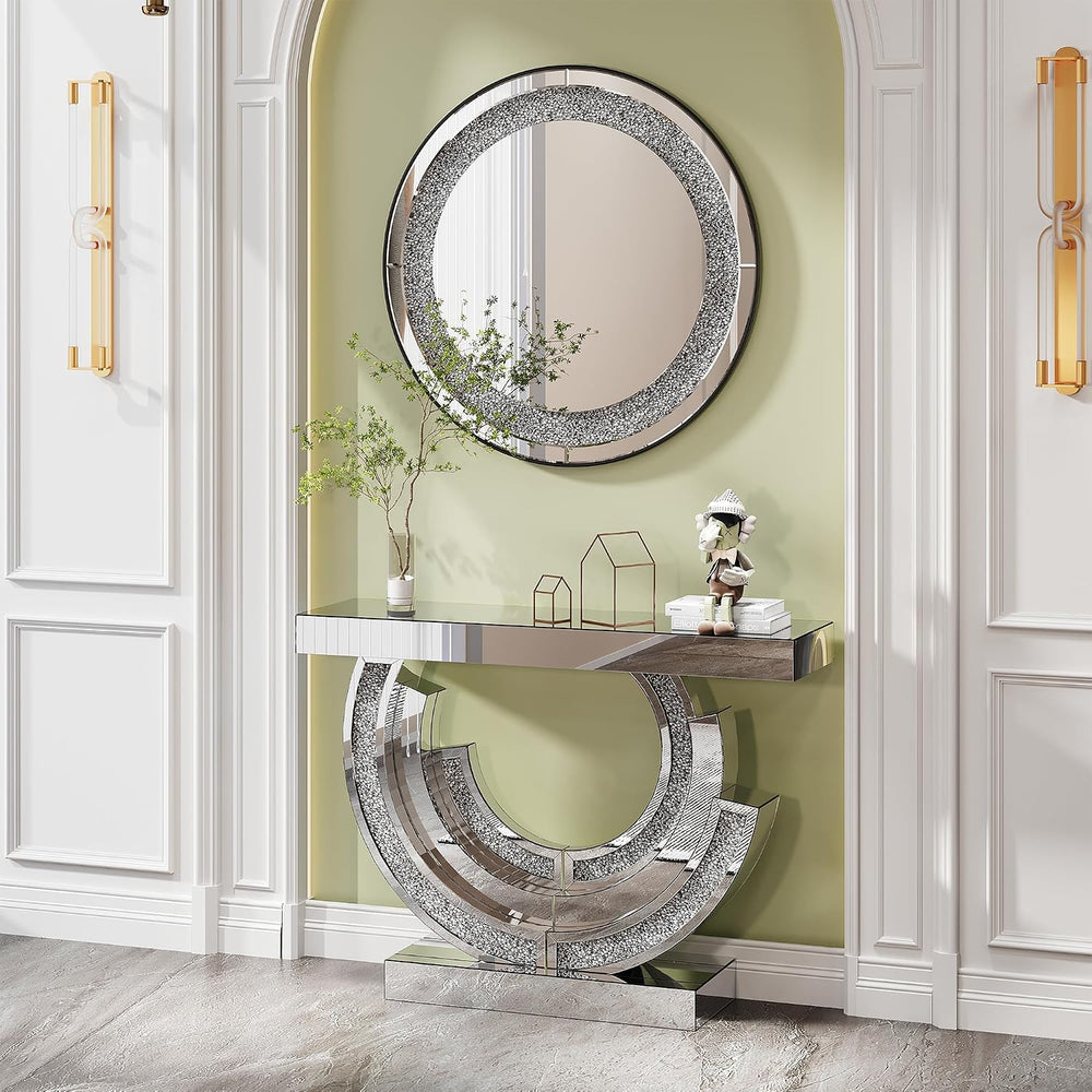 Silver Mirrored Console Table, 43" Modern Entryway Table with Crushed Di...