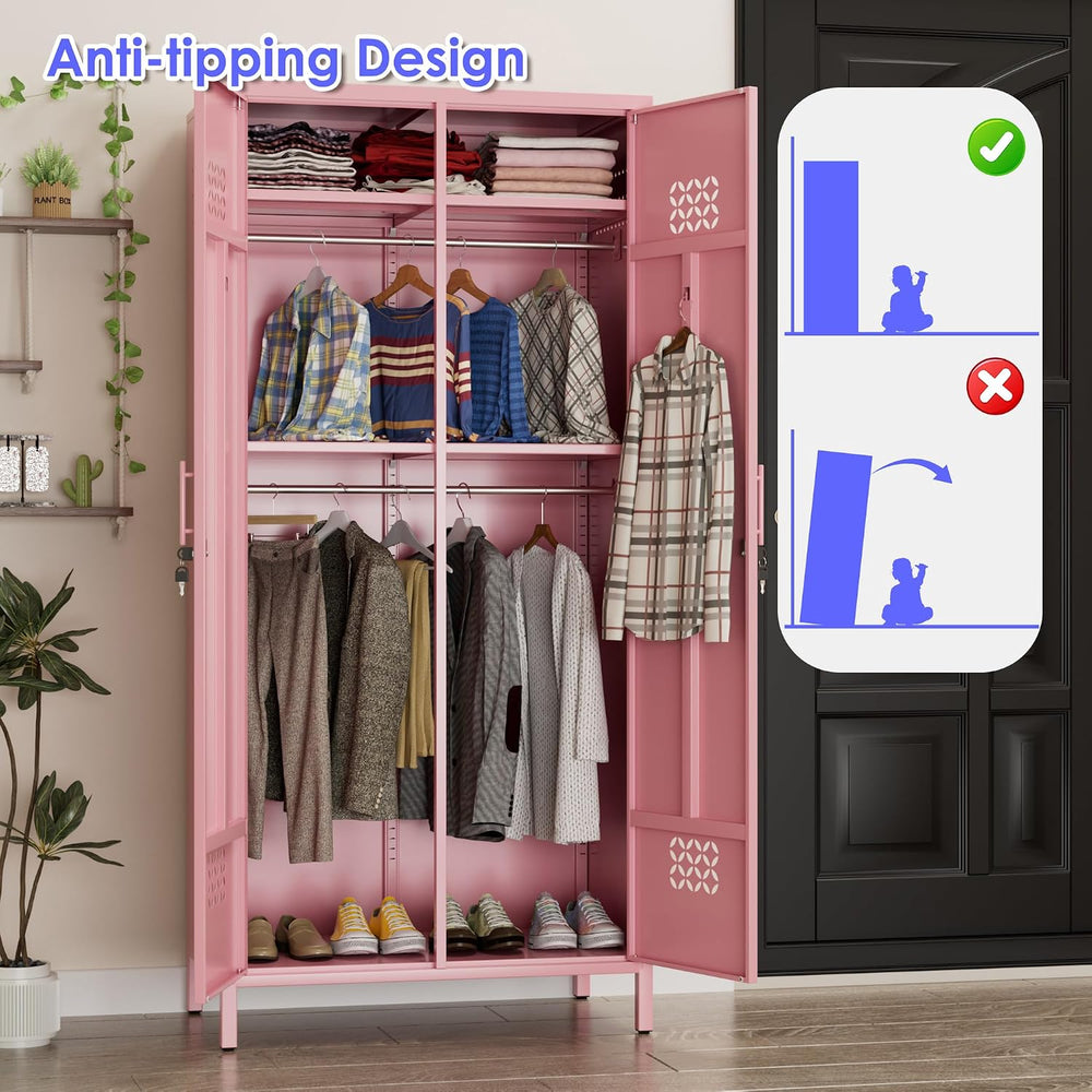 METAN Pink Metal Wardrobe Cabinet with Lock, 20-Inch Deep, 2 Doors | 71"...