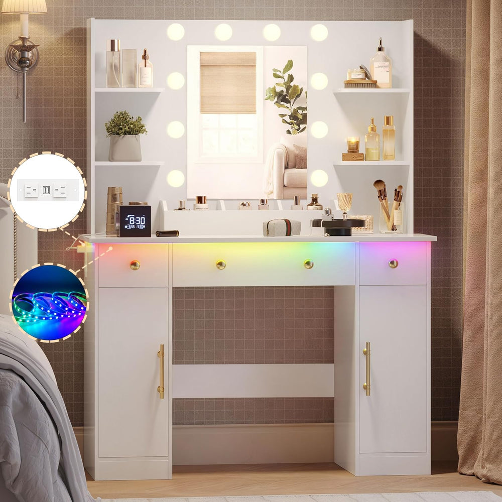 Wodeer Makeup Vanity Desk with Mirror and Lights, 43" White Vanity Set w...