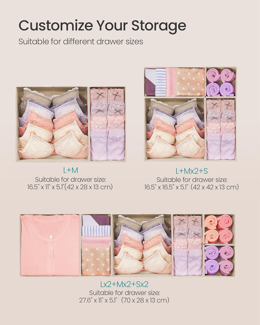 SONGMICS Drawer Organizers, Dresser Divider Organizers, Set of 12, Foldable Fabric Storage Boxes for Socks, Underwear, Bras, Ties, Scarves, Summer Sand URDZ006Y02