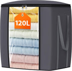 120L Extra Large Clothes Storage Bags, Foldable Blanket Storage and Organization, Thick Fabric Containers with Reinforced Handles & Zippers for Clothing, Comforters, Bedding, Gray, 1 Pack