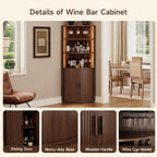 72" Tall Corner Bar Cabinet with LED Lights, Fluted Wine Bar Cabinet with Storage, Mid-century Modern Liquor Cabinets with Sliding Door & Wine Glass Holder, for Dining Room, Living Room Walnut