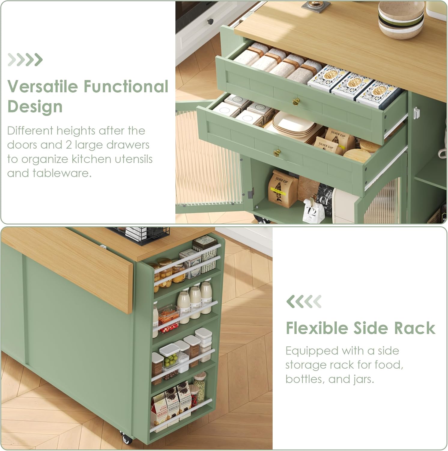 FINETONES Kitchen Island with Storage, Rolling Kitchen Island on Wheels with Wood Drop Leaf Countertop, Island Table Bar Cart with Spice Towel Rack Portable Kitchen Table Kitchen Carts on Wheels