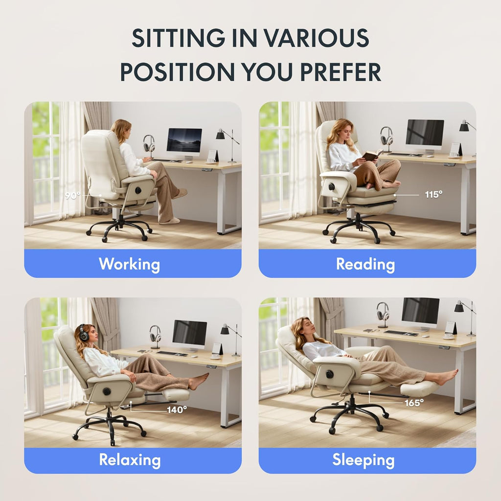 FLEXISPOT 2-in-1 Chaise Lounge Chair Indoor with Wheels Footrest 90-165° Reclining Lumbar Support, Home Office Chairs for Living Room Bedroom Study Working Relaxing, PU Leather, Beige White, HC4