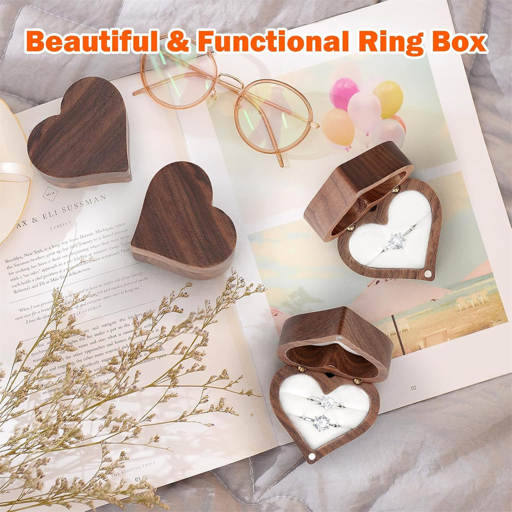 LETURE Wooden Heart Shape Ring Gift Box with Single Slot 2 Slot, Personalized Vintage Wood Jewelry Box for Proposal Engagement Wedding Ceremony Anniversary (White-1 Slot)