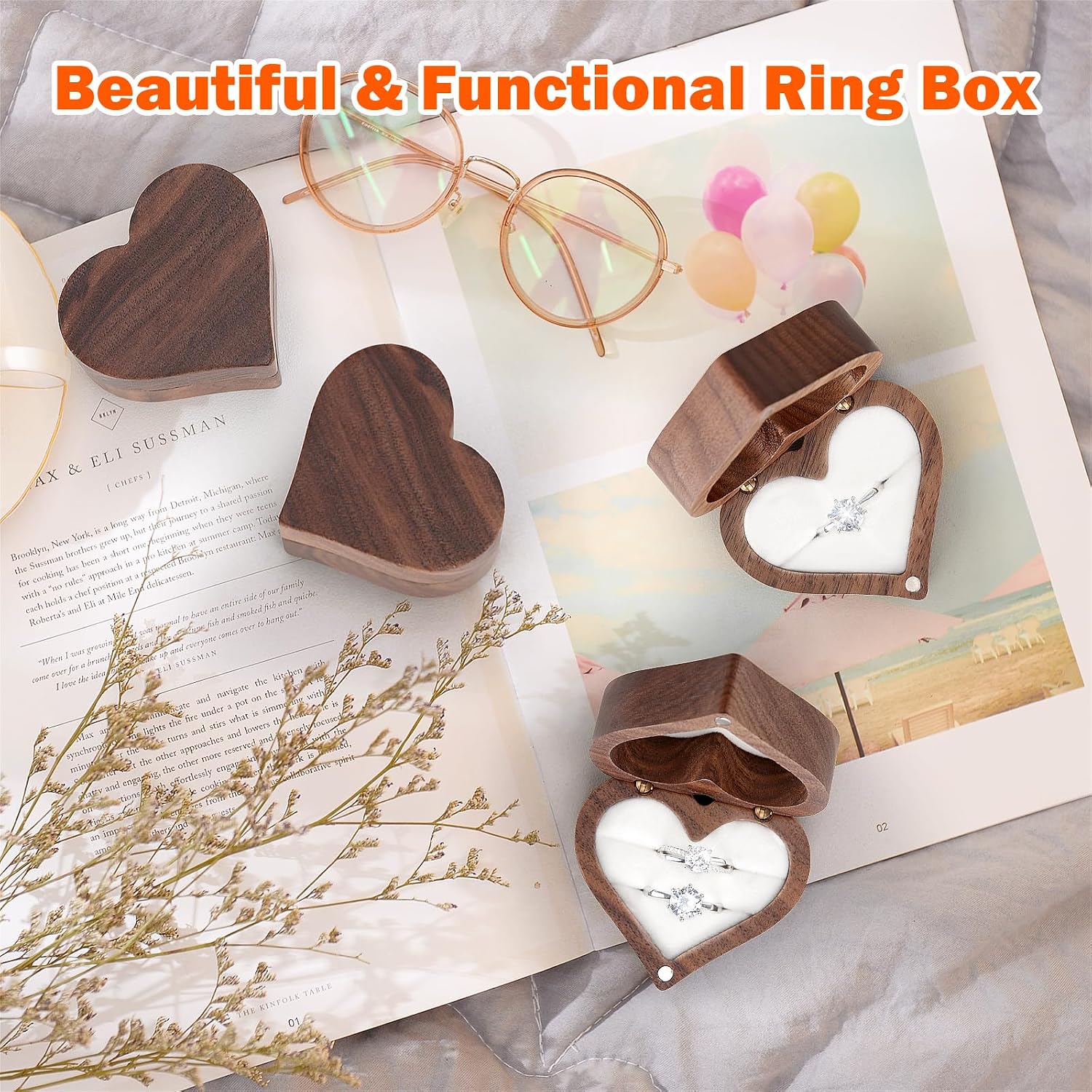 LETURE Wooden Heart Shape Ring Gift Box with Single Slot 2 Slot, Personalized Vintage Wood Jewelry Box for Proposal Engagement Wedding Ceremony Anniversary (White-1 Slot)
