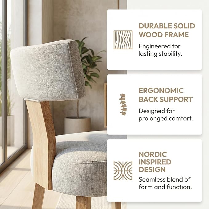 HNY Set of 4 Mid Century Modern Dining Chairs, Farmhouse Linen Fabric Upholst...