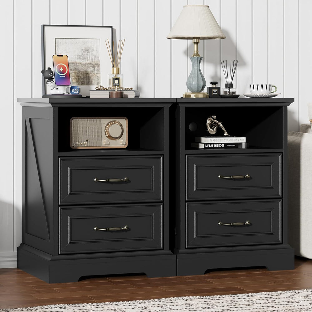 Nightstand with Charging Station,18" Wide End Table with 2 Large Drawers...