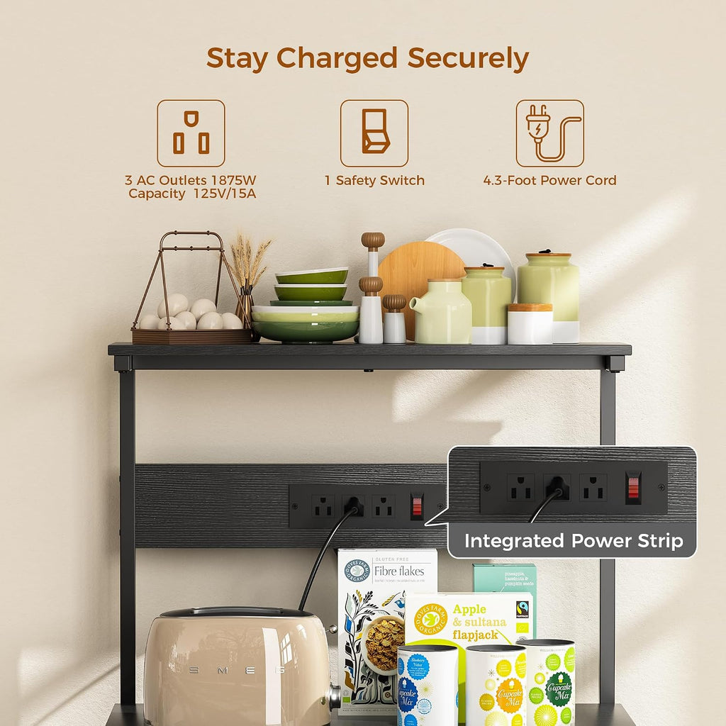 VUSIGN Kitchen Bakers Rack with Power Outlet, 4 Tiers Microwave Stand with Storage, 23.6 Inch Coffee Bar Station with 6 S Hooks, Adjustable Shelf Rack for Pots/Pans/Spices, Black