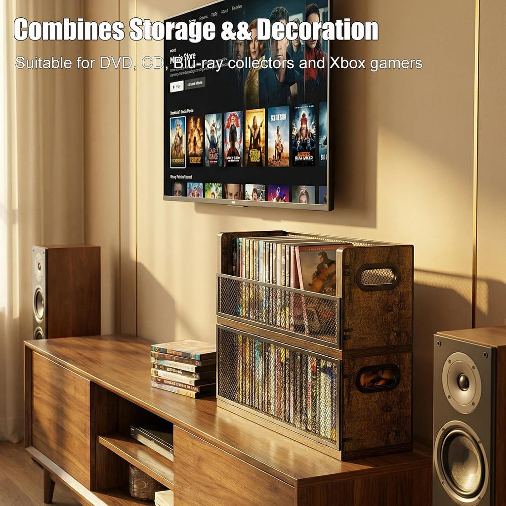DVD Storage Box, 2 Pack Holds 56 DVDs 64 Blu ray, Stackable Media Organizer with Magnetic Door for CD, Video Game Cases, Shelf Organizer