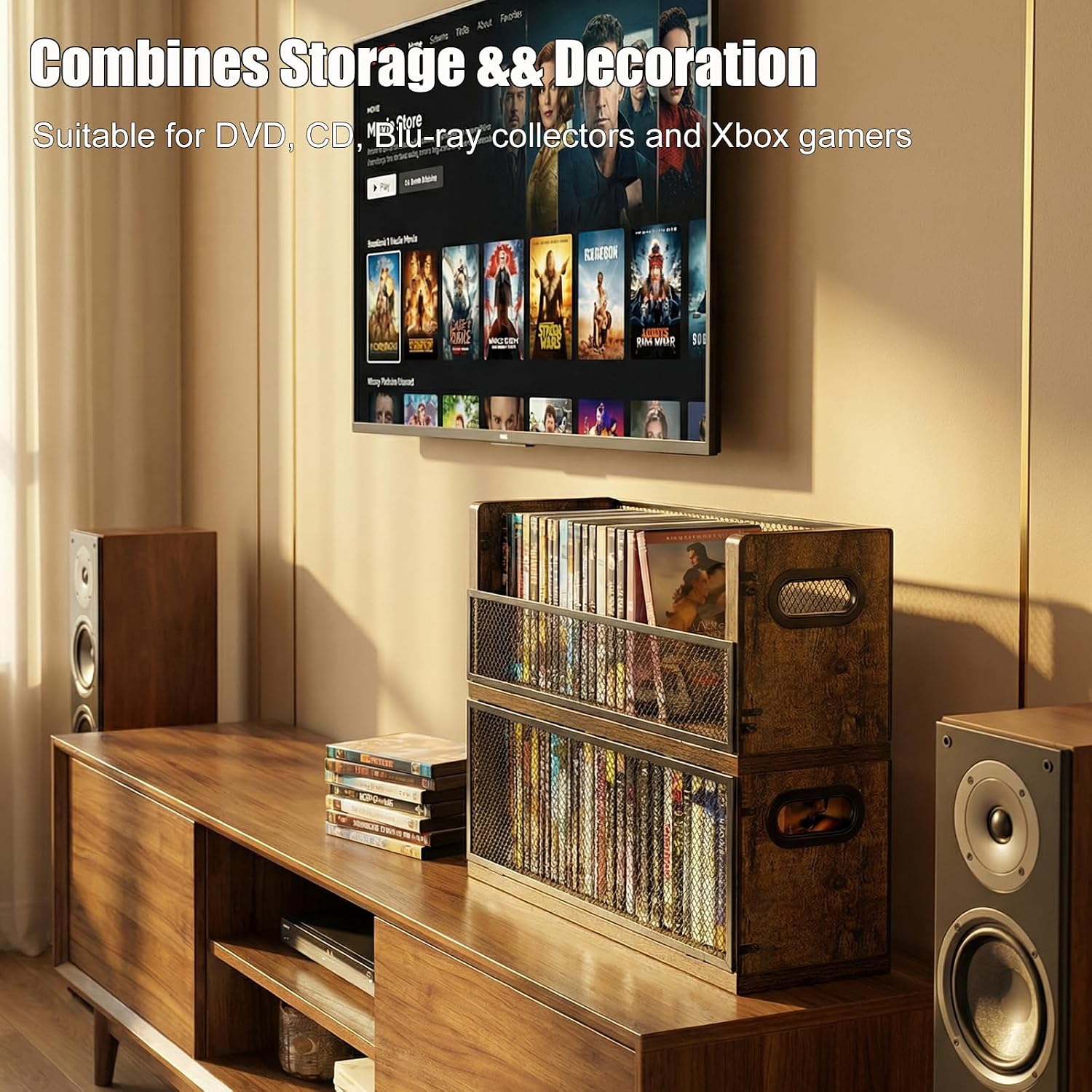 DVD Storage Box, 2 Pack Holds 56 DVDs 64 Blu ray, Stackable Media Organizer with Magnetic Door for CD, Video Game Cases, Shelf Organizer