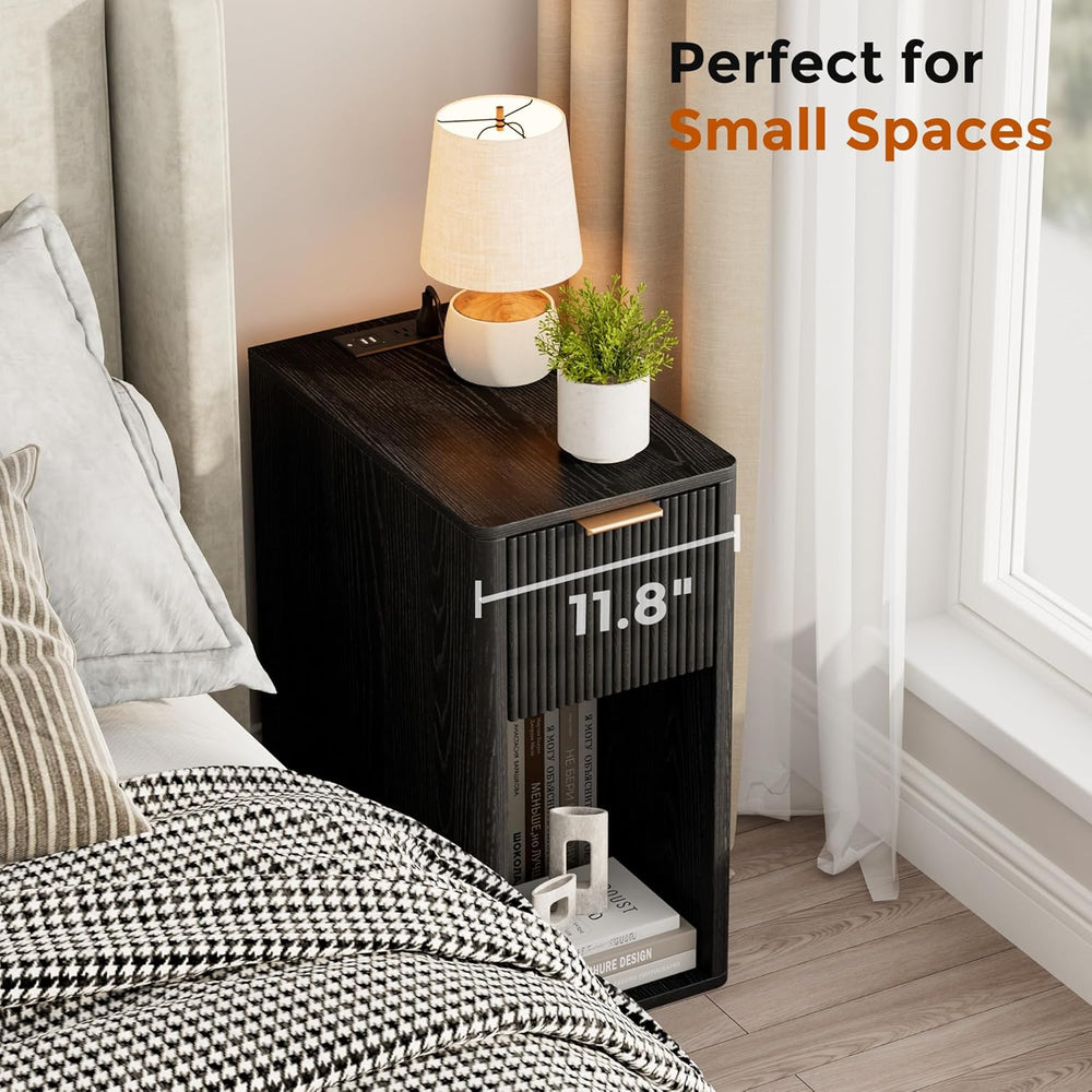 Homleke Narrow End Table with Fluted Drawer and Charging Station, Small Night...