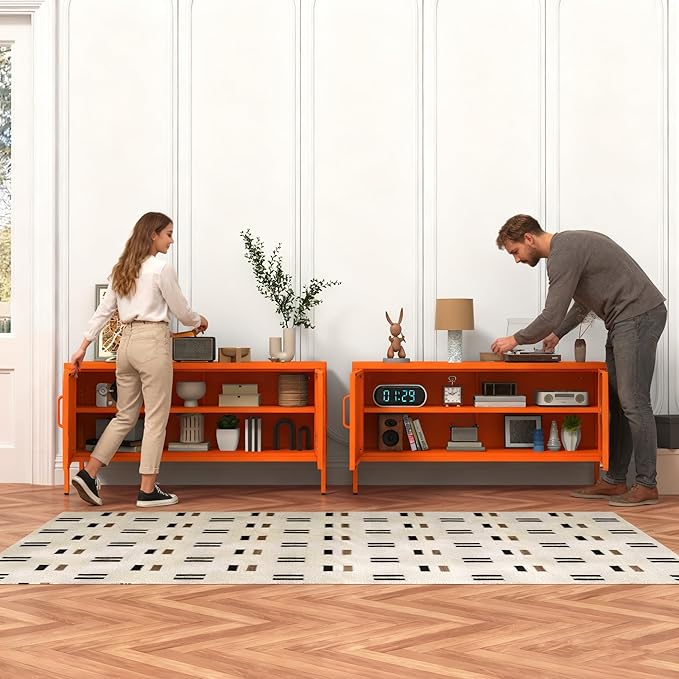 Orange Lockable Metal TV Stand Entertainment Center, Heavy Duty Storage Cabinet Supports 80+ Inch TVs, Multifunctional Media Console for Home Living Room Office 22" H X 35.4" W X 13.8" D