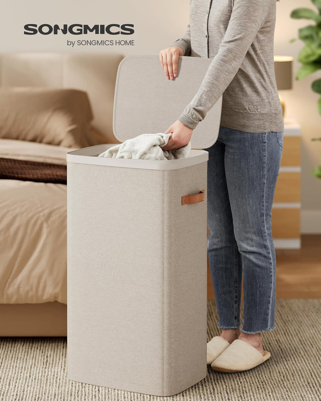 SONGMICS Laundry Basket, 26.4 Gal. Laundry Hamper, Easy Assembly, with Lid and Handles, Removable Liner, 16.5 x 12.6 x 29.5 Inches, Cappuccino Beige ULCB811LH01