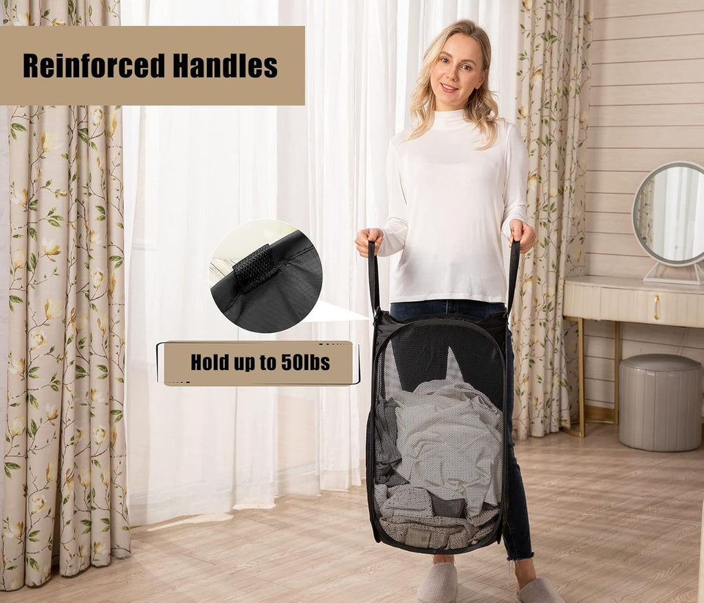 2 Pcs Strong Mesh Pop-up Laundry Hamper, Quality Pop Up Hampers for Laundry with Durable Handles Solid Bottom High Carbon Steel Frame, Easy to Open and Fold Flat for Storage(Black)