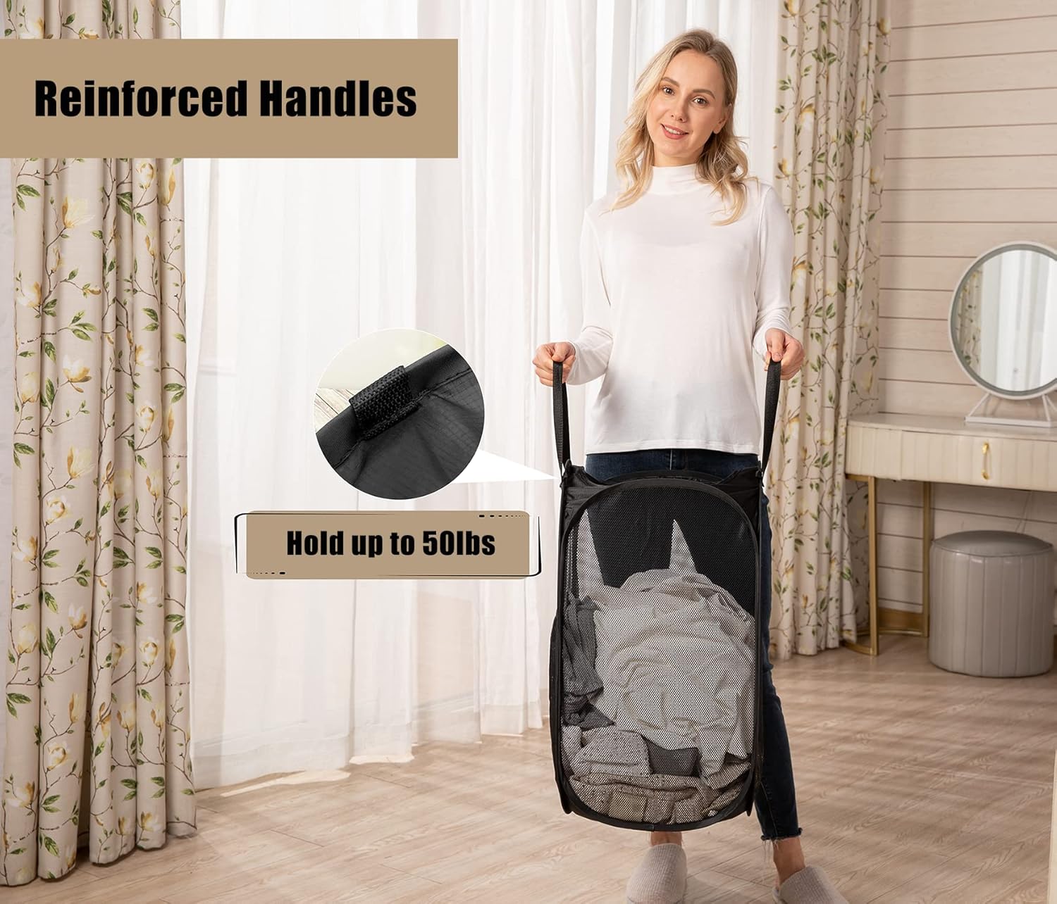 2 Pcs Strong Mesh Pop-up Laundry Hamper, Quality Pop Up Hampers for Laundry with Durable Handles Solid Bottom High Carbon Steel Frame, Easy to Open and Fold Flat for Storage(Black)
