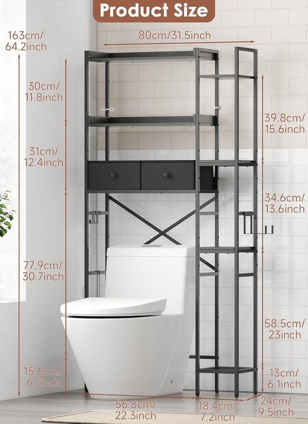 Over The Toilet Storage Rack, 7-Tier Over Toilet Bathroom Organizer with Adjustable Shelf, Above Toilet Storage Cabinet with Hooks, Space-Saving, Black Shelf