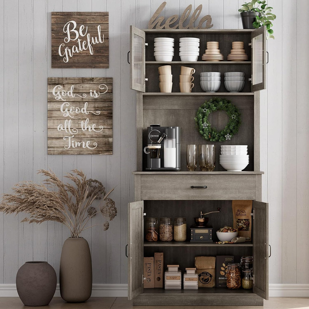 Farmhouse Pantry Cabinet, 71" Tall Kitchen Hutch Cabinets with Storage Drawer, Open Countertop, Glass Doors, Adjustable Shelves, Cable Hole for Dining Room, Living Room, Ash Grey