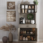 Farmhouse Pantry Cabinet, 71" Tall Kitchen Hutch Cabinets with Storage Drawer, Open Countertop, Glass Doors, Adjustable Shelves, Cable Hole for Dining Room, Living Room, Ash Grey