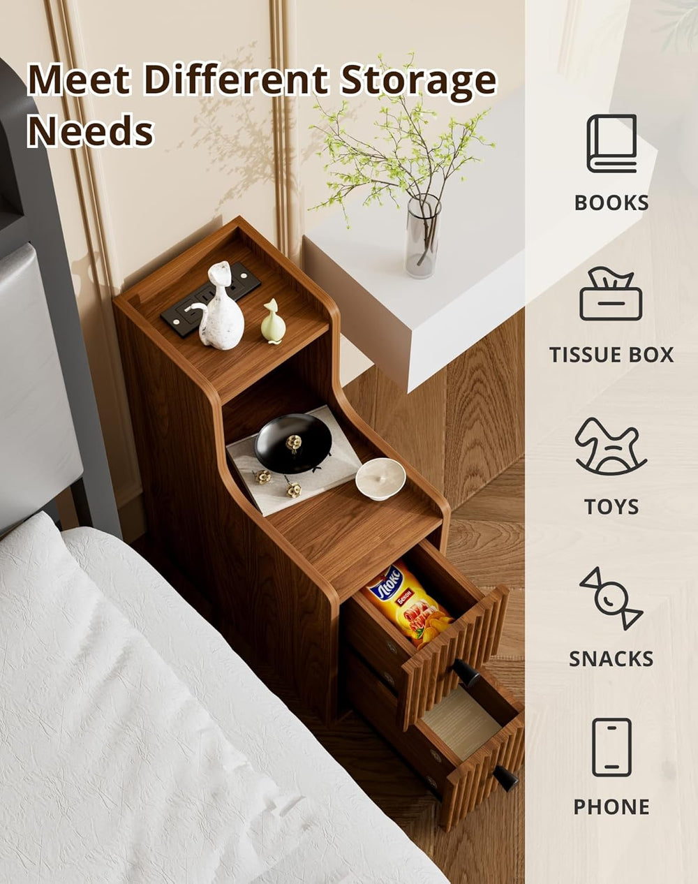 Narrow Side Table with Charging Station, Slim Nightstands with Storage Drawer...