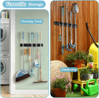 Black Broom Holder Wall Mount - Heavy Duty Wood Mop and Broom Organizer with 5 Slots & 4 Hooks - Sturdy Garden Tool Hanger for Laundry Room Closet Kitchen Garage Storage and Organization