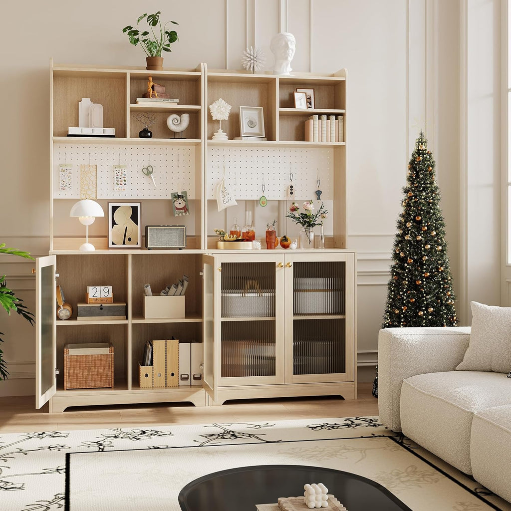 Kitchen Pantry Storage Cabinet, 71" Tall Food Pantry Cabinet with Microwave Stand, Farmhouse Kitchen Hutch with Open Storage & Adjustable Shelves Living Room