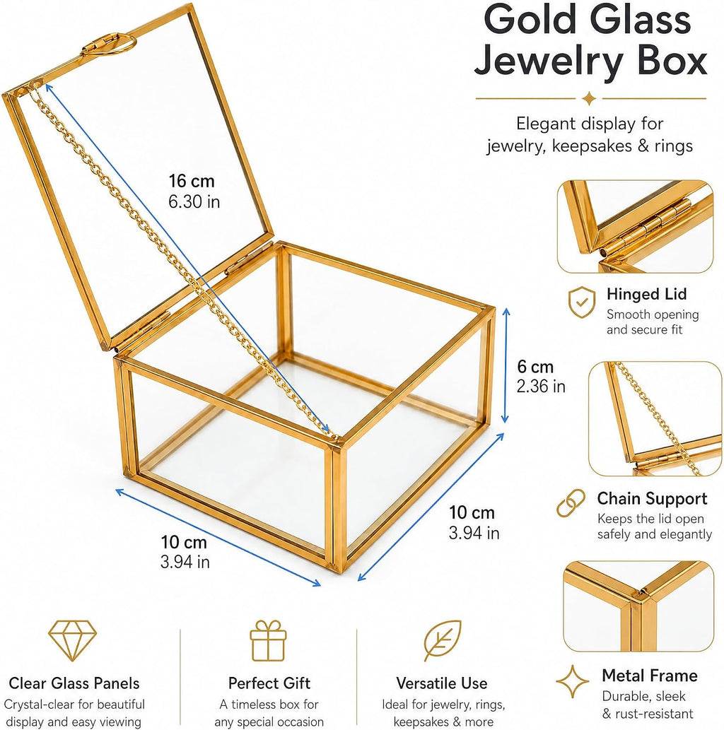 Gold Glass Jewelry Box Organizer for Women Girls, Small Trinket Keepsake Box with Lid, Clear Jewelry Storage Case for Rings Earrings Necklace, Decorative Vanity Dresser Bathroom Countertop Organizer
