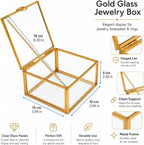Gold Glass Jewelry Box Organizer for Women Girls, Small Trinket Keepsake Box with Lid, Clear Jewelry Storage Case for Rings Earrings Necklace, Decorative Vanity Dresser Bathroom Countertop Organizer
