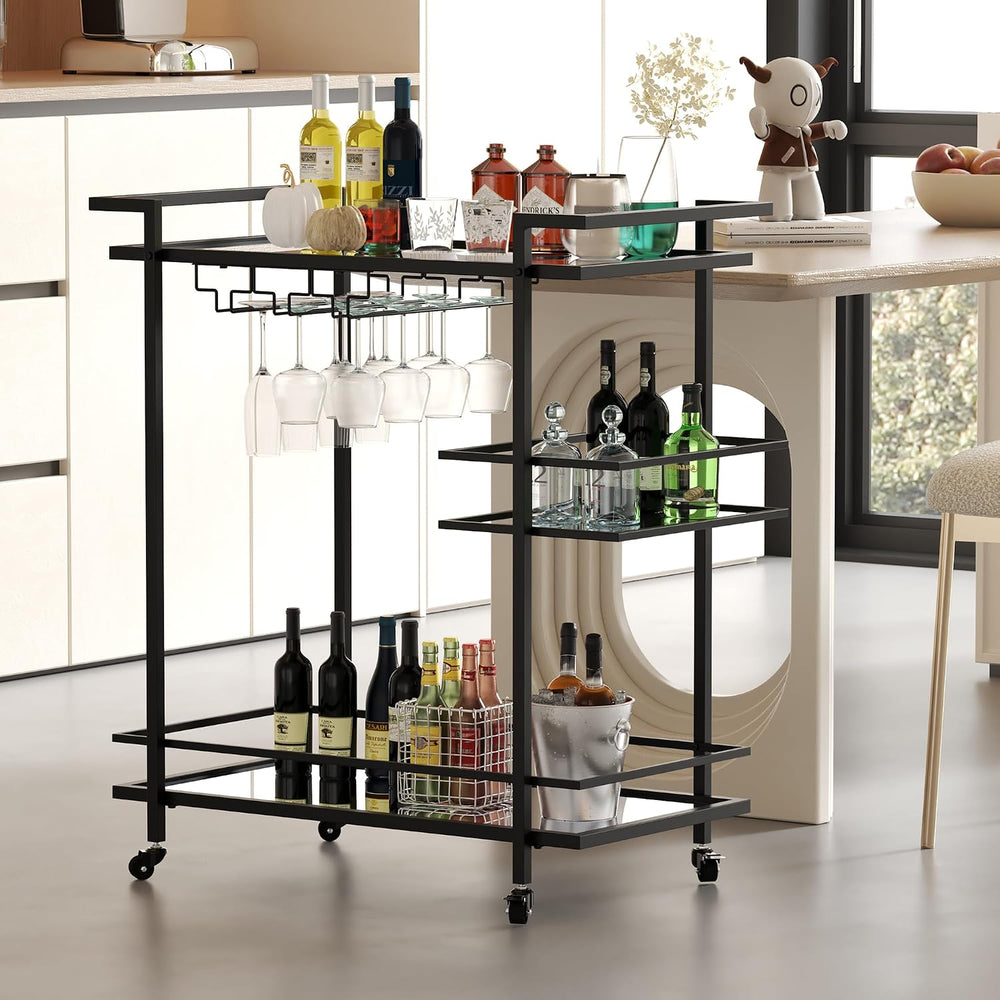 RiteSune Black Bar Carts for The Home, Wine Cart with Wheels | 3 Tier Home Se...