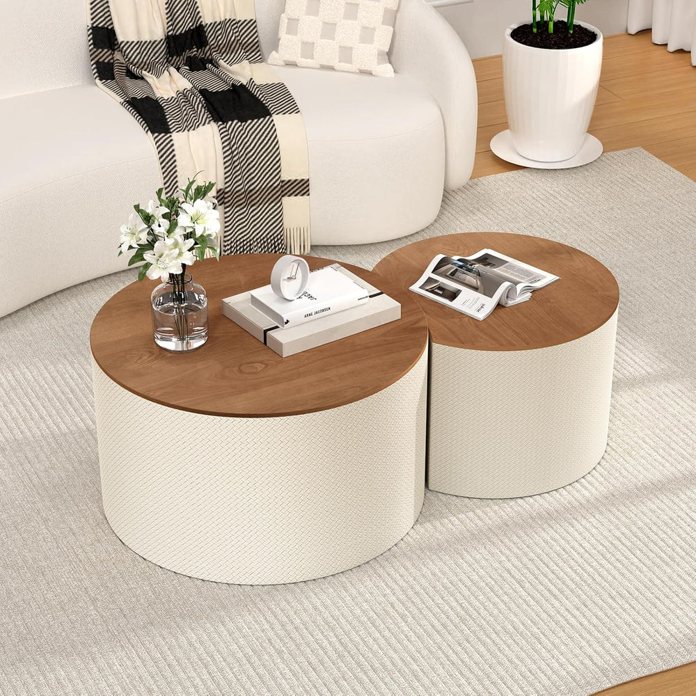 Round Nesting Coffee Table Set of 2 with Hidden Storage | Faux Leather Diamon...