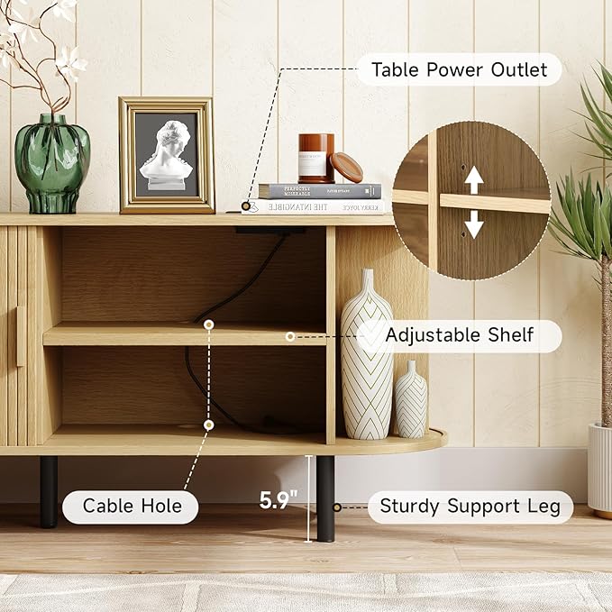 ONBRILL 70.8" TV Stand with Power Outlet for TVs up to 75 Inch, Entertainment Center with Storage and Adjustable Shelves, Modern Media Console with Sliding Doors for Living Room, Oak