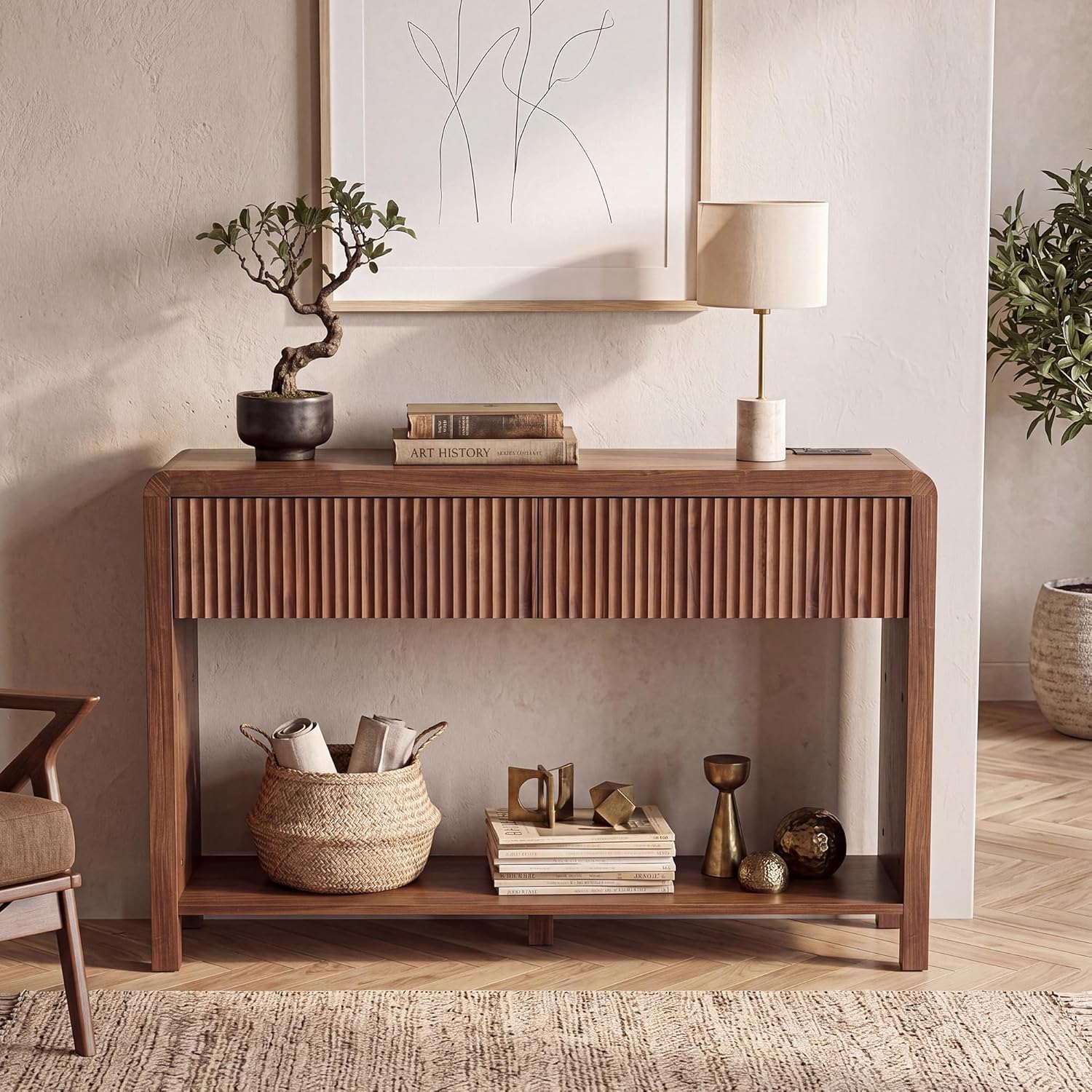 Seang Fluted Sofa Table with Power Outlets,47" Narrow Console Table with 2 Drawers Behind Couch,Curved Entryway Tables with Open Storage for Entrance,Hallway,Living Room,Dark Walnut