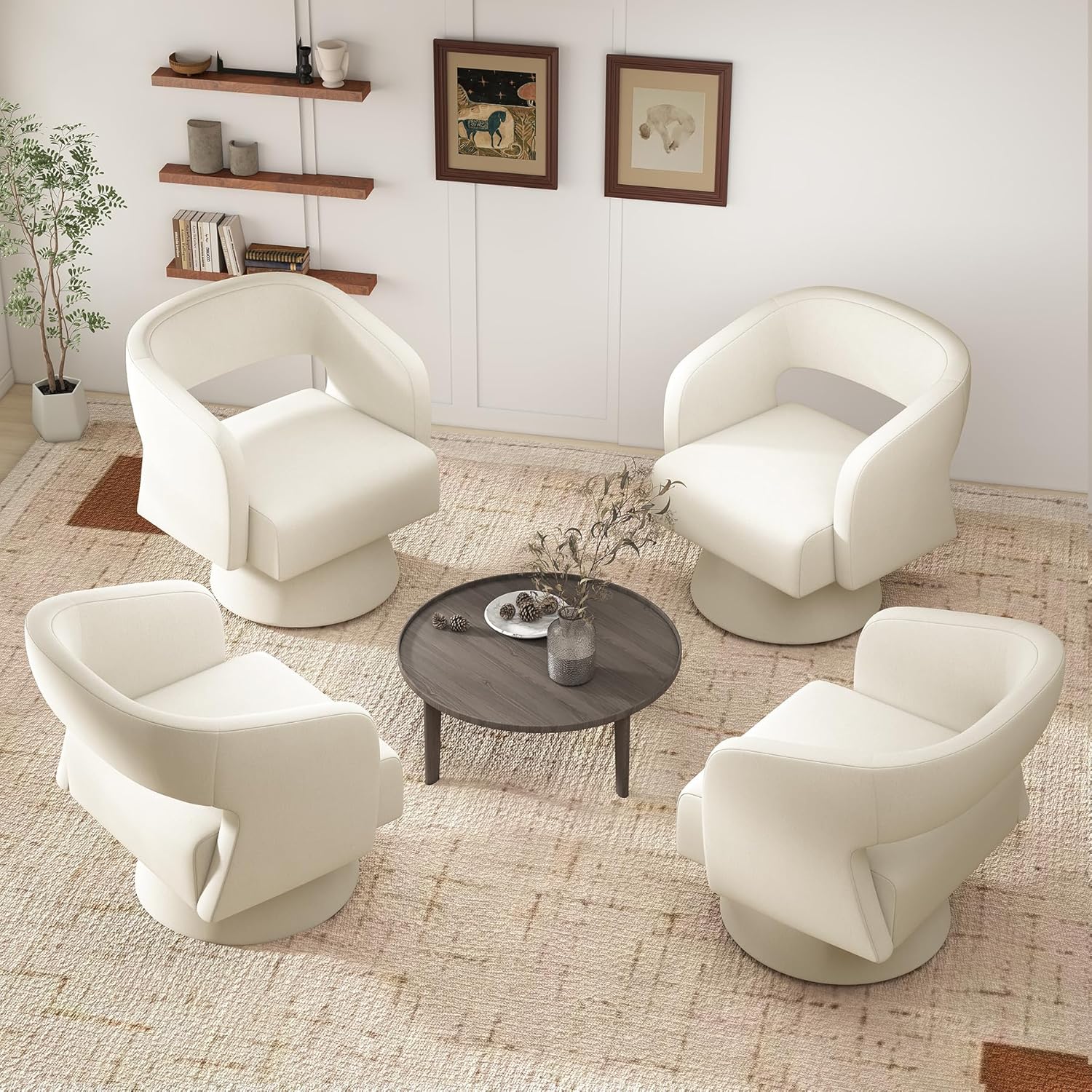 Nebuaegis Swivel Accent Chair Set of 2, Modern Comfy Chenille Barrel Chairs, Oversized Upholstered Round Arm Chair for Living Room, Bedroom, Reading Room, Beige