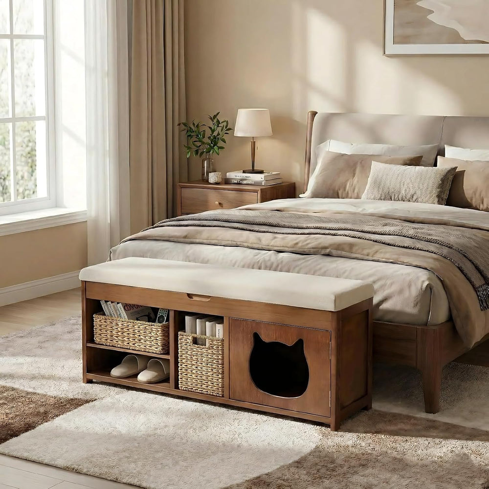 Shoe Bench with Cat Cabinet and Hidden Drawer, 2 Tier Entryway Bench with Sto...