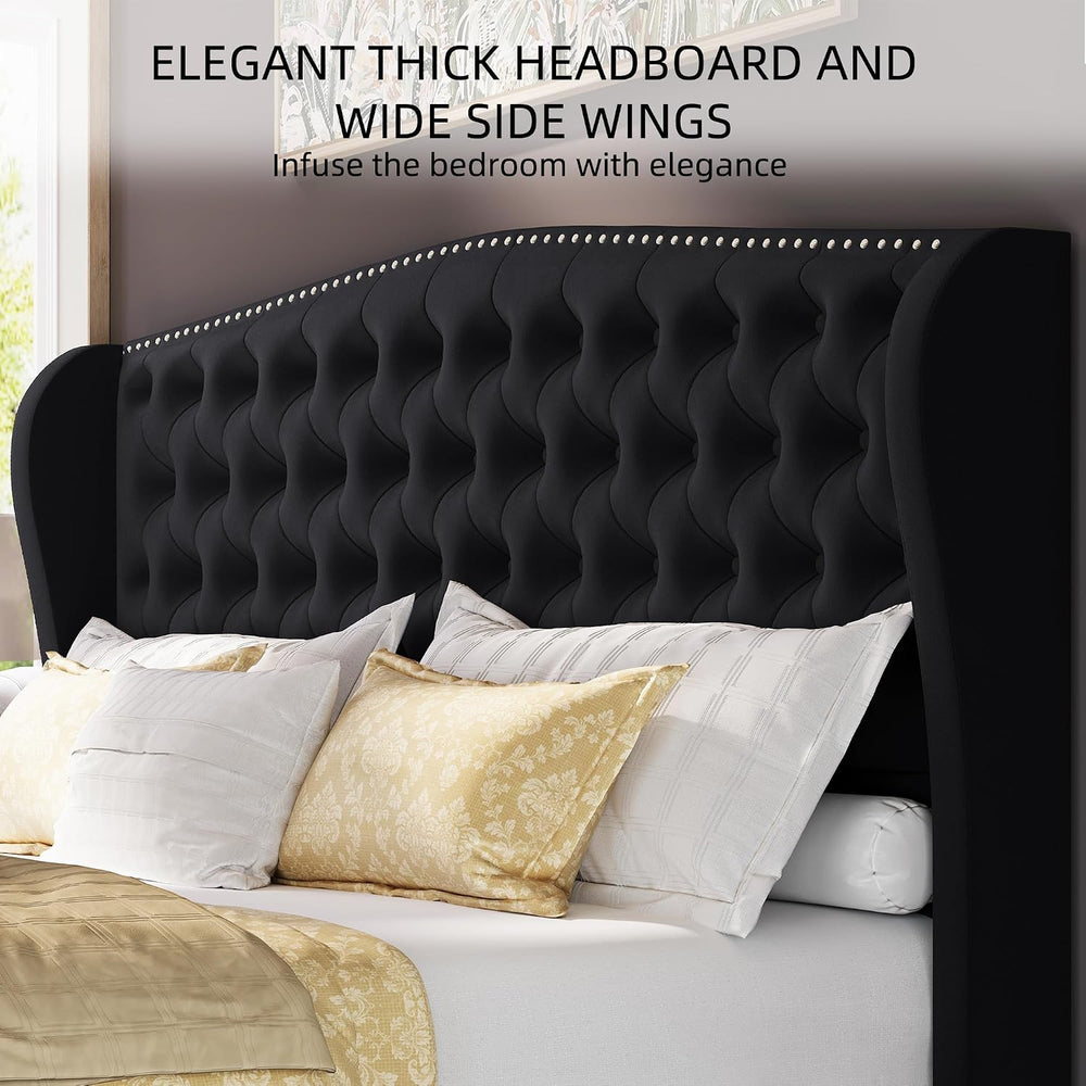 BRELTAM Upholstered King Size Bed Frame Velvet Black Tufted Platform Bed Fram...