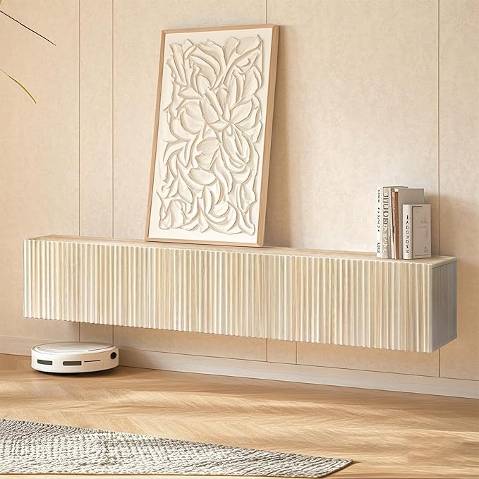 ZYBT Floating TV Stand, Modern Wall Mount Entertainment Center TV Shelf, 70.7" Media Console Under TV Storage Cabinet with Fluted Doors, TV Consoles for Living Room, Floating Cabinet for Wall (Oak)