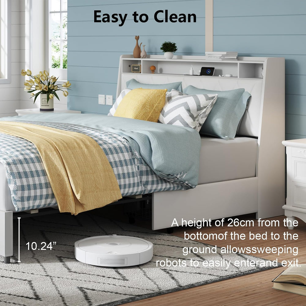 Peanu Queen Bed Frame, Ergonomic Headboard, White Metal Frame