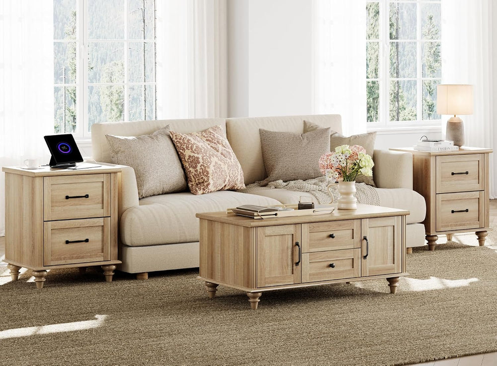 WAMPAT Oak Coffee Table with Drawer & Storage Cabinet, Farmhouse Rustic C...
