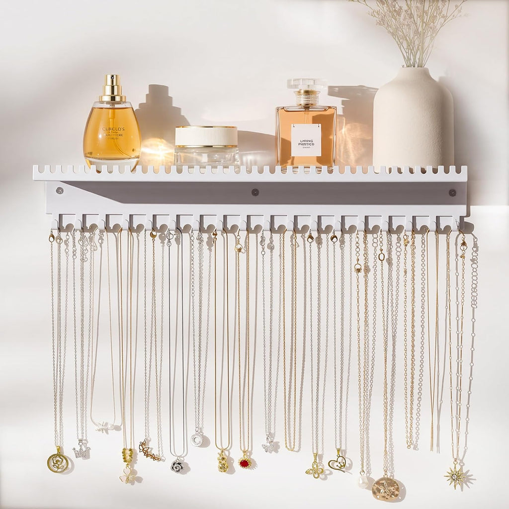 Necklace Holder Wall Hanging Organizer: Wall Mounted Jewelry Shelf with 56 Hooks and Tray, Display Hanger for Kids, Girls and Women, White & Metal