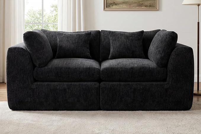 79'' Oversized Cloud Sectional Boneles Loveseat for Living Room, Modern Big Compressed 2 Seater Couch with 2 Throw Pillows, Comfy Chenille Deep Seat Memory Foam Spineless 2 Person Couch, Black | No Assembly Needed, Premium Chenille, Flexible Modular, W...
