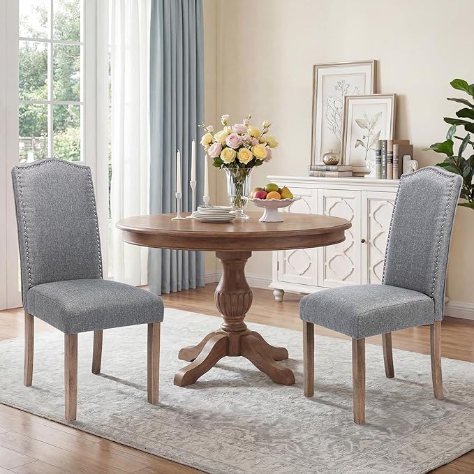 Upholstered Dining Chair Modern Stylish Parsons Kitchen Diner High Back with Silver Nailhead Trim & Wood Legs, Set of 2, Fabric Classic Grey