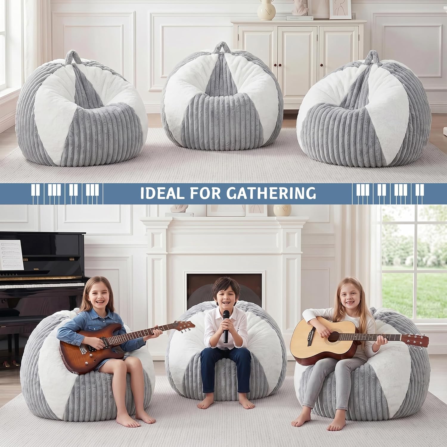 HABUTWAY 2FT Bean Bag Chairs Teardrop Beanbag Chair with Memory Foam Filled Soft Plush Leaf alongside Stripe Faux Fur Washable Cover for Dorm, Bedroom(Plush LGY/WH)