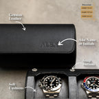 DailyWatch | Personalized Watch Roll Travel Case For 2 Watches - Handmade Genuine Leather Travel Case With Custom Engraving of Name or Initials - Black Grey