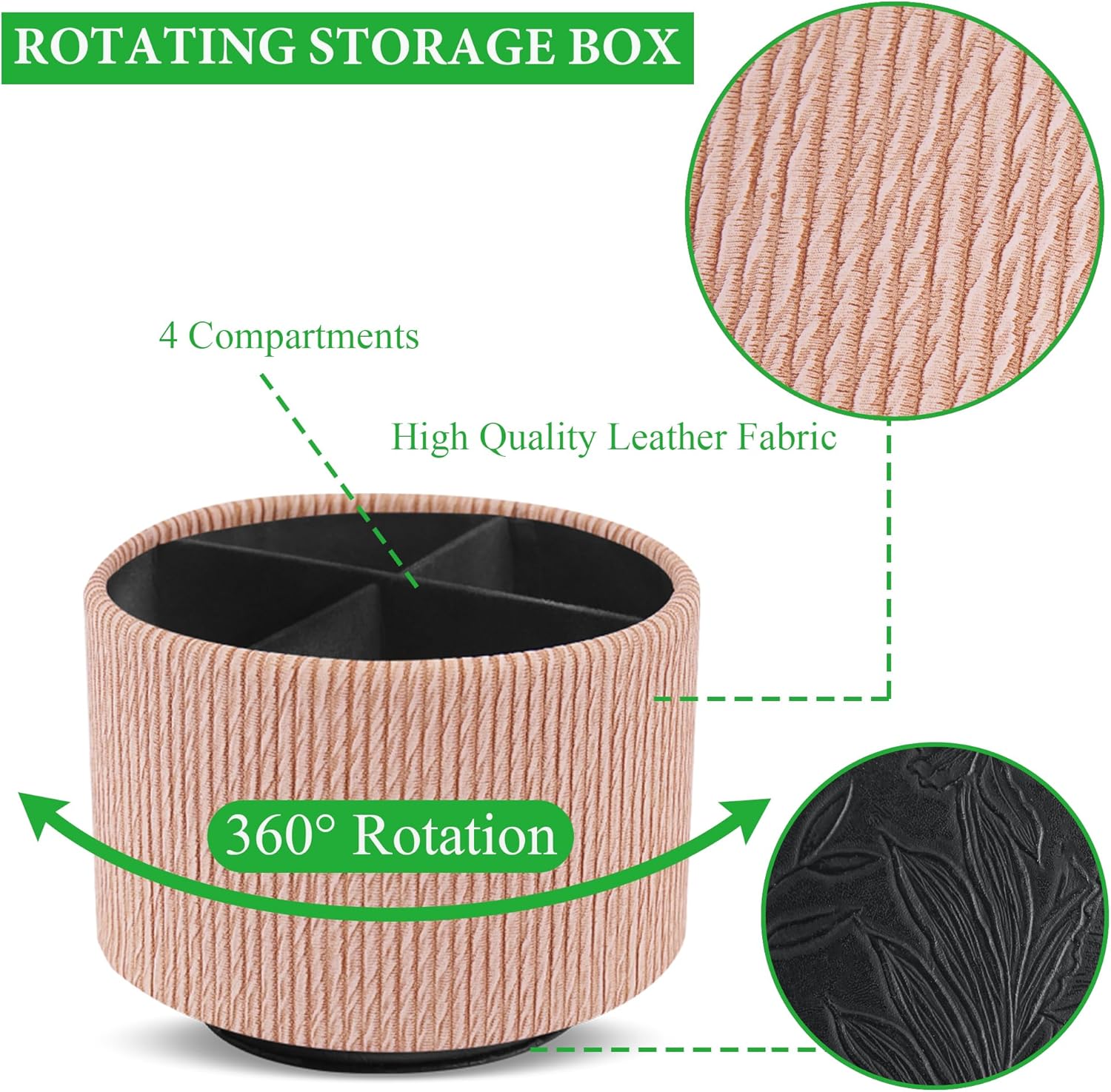 Round Leather Art Supply Organizer,Remote Control Holder,360 Degree Spinning,Multi-Functional Pencil Holder,4 Compartments Desktop Stationary Organizer(1-Wood Apricot)